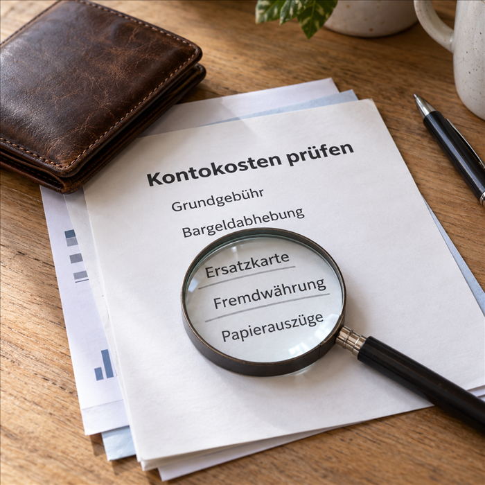 Lupe über einem Kassenbon mit Kontogebühren wie Kontoführung, Bargeldabhebung und Kartenersatz