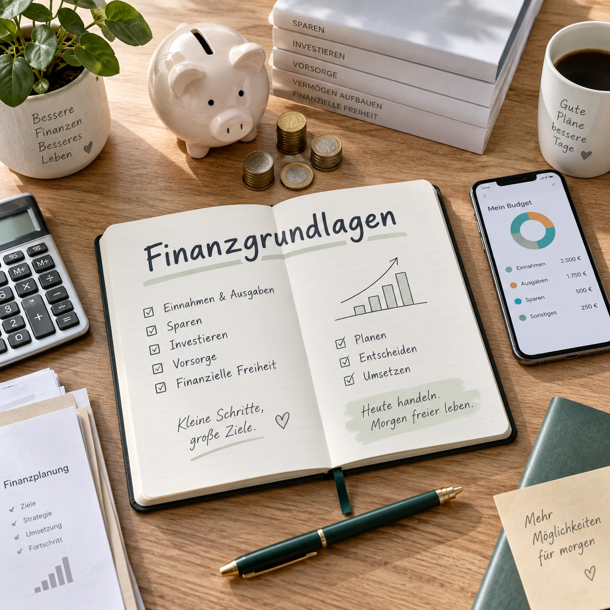 Notizbuch mit der Aufschrift Finanzgrundlagen, umgeben von Sparschwein, Taschenrechner, Münzen und einer Budget-App auf dem Smartphone