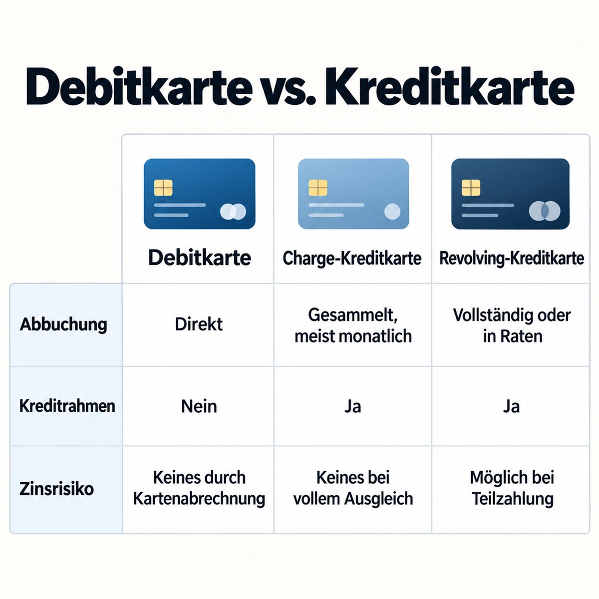 Debitkarte, Charge- und Revolving-Kreditkarte im Vergleich nach Abbuchung, Kreditrahmen und Zinsrisiko